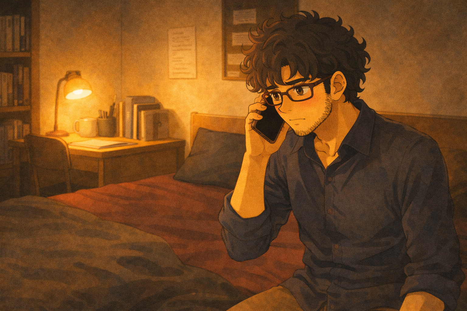 A small student bedroom — Faris sits on the edge of a bed, phone pressed to his ear, face serious and deeply concerned. Warm lamp light contrasts with the tension.